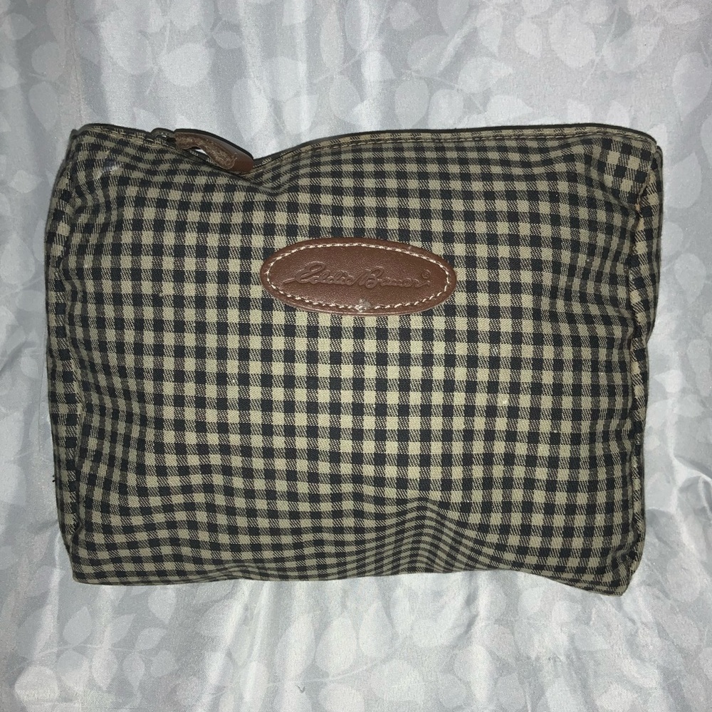 Eddie Bauer Leather Patch Black and Tan Checkered Toiletry Bag